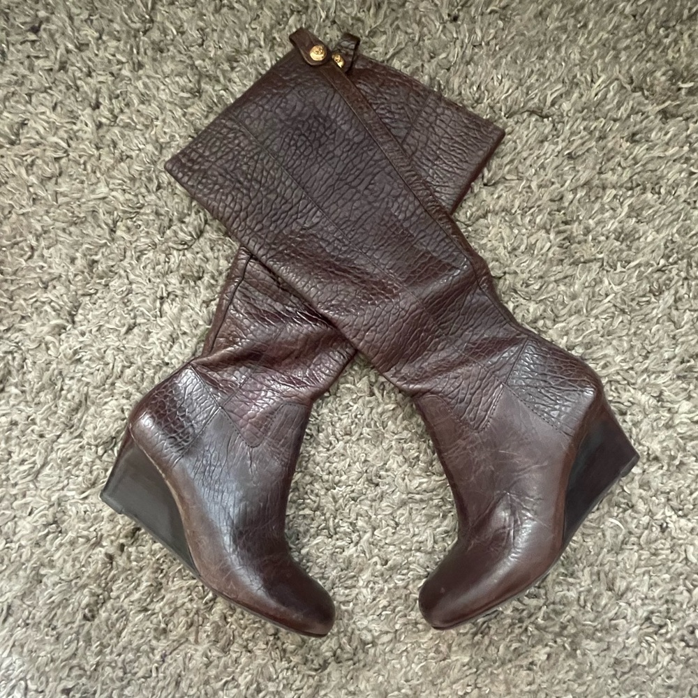 Tory Burch Dabney Croc Brown Leather Knee-High Wedge Boots